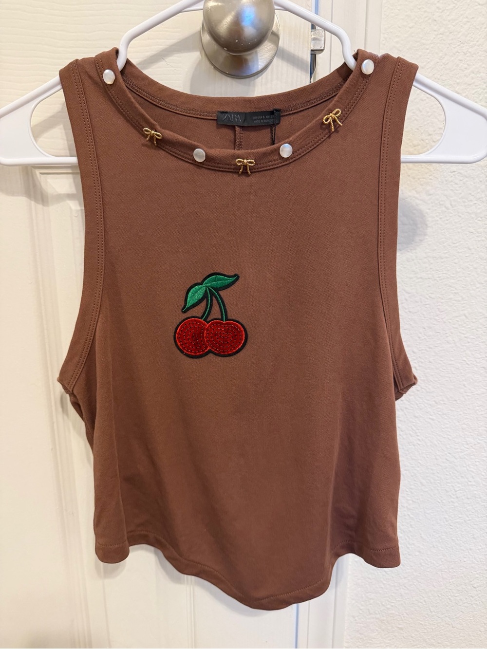 Zara Brown Tank Top with Cherry Patch